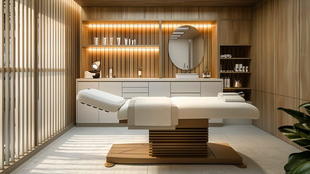 Within a spacious wooden relax room, there is a massage table positioned strategically by a large window that allows natural light to illuminate the space