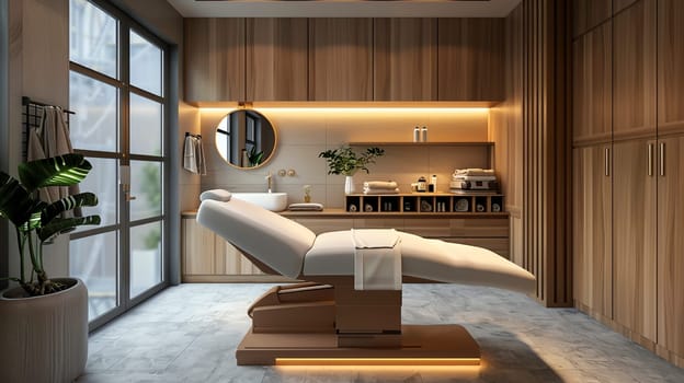 Within a spacious wooden relax room, there is a massage table positioned strategically by a large window that allows natural light to illuminate the space