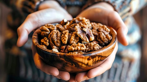 A person is carefully holding a beautifully crafted bowl filled with nutritious walnuts in their hands, emphasizing their natural goodness
