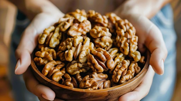 A person is carefully holding a beautifully crafted bowl filled with nutritious walnuts in their hands, emphasizing their natural goodness