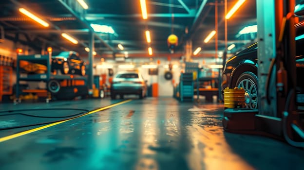 A car is currently positioned and sitting on a lift in a car service garage, ready for maintenance or inspection by a professional mechanic