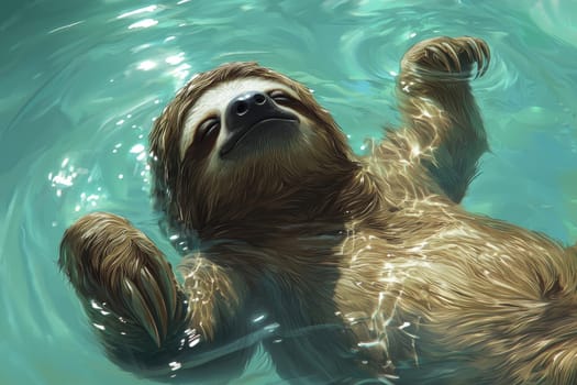 A serene sloth enjoys a leisurely float in clear water, basking in sunlight. This enchanting scene captures the essence of wildlife tranquility and natural beauty.