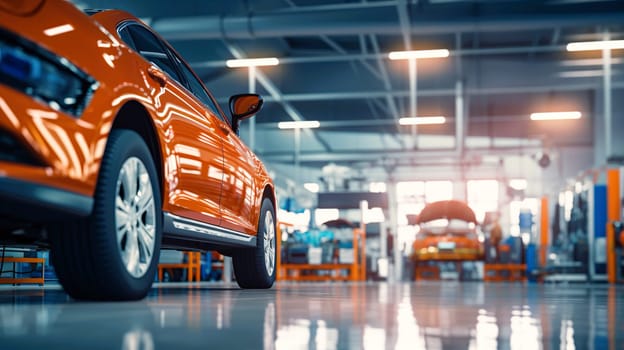 A car is currently positioned and sitting on a lift in a car service garage, ready for maintenance or inspection by a professional mechanic