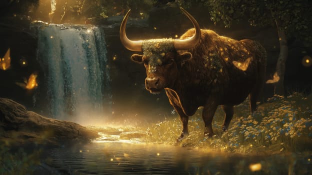 A mystical forest scene with a powerful bull adorned with moss and flowers. bathed in a soft golden light, it stands near a shimmering waterfall, surrounded by blooming wildflowers and fluttering butterflies.