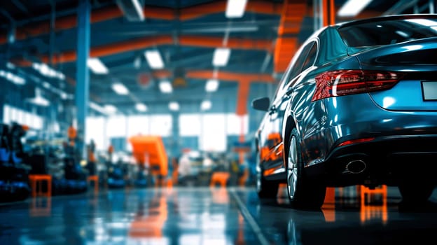 A car is currently parked in a garage located within a factory building where various manufacturing activities may be taking place