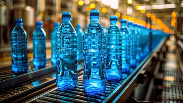 In a bustling factory, there is a conveyor belt that is entirely filled with numerous bottles of water, ready for packaging and distribution