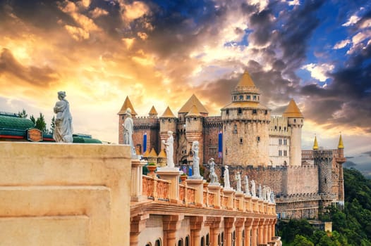Fantastic beautiful medieval castle in Ba Na Hills in Da Nang Vietnam at sunset