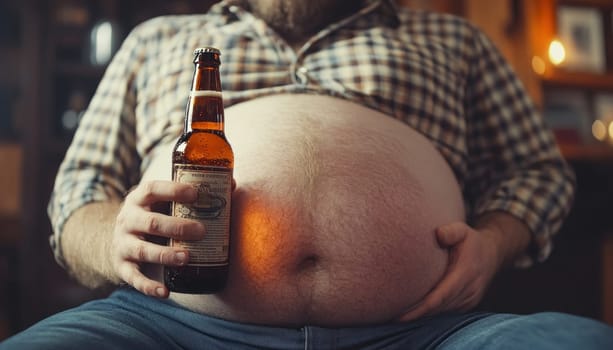 Obese man holding a beer bottle and stroking his prominent belly