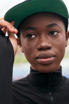 close up portrait of a young tender african american woman in casual wear adjusting her cap against a blurred background