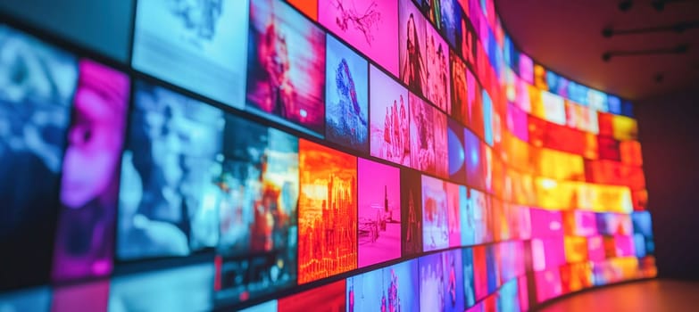 Large video wall displays various colorful videos, creating a vibrant and dynamic visual experience