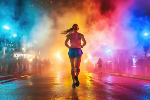 A female runner dashes through a vibrant, smoke-filled urban street, illuminated by colorful lights that create an electrifying atmosphere of energy and excitement.