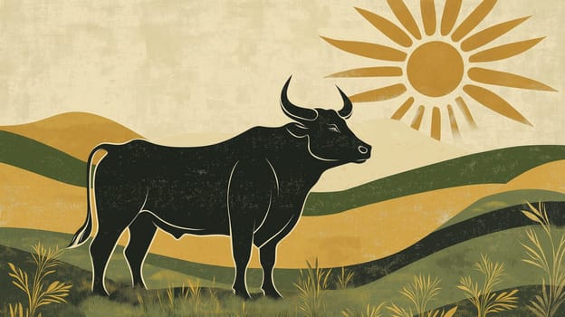 A vintage-inspired illustration featuring a silhouette of a bull against stylized countryside hills in faded olive and cream colors. the sun shines symbolically above, evoking a rustic and pastoral atmosphere.