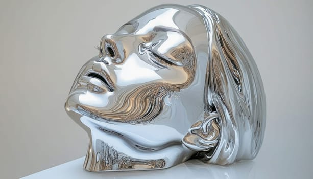 Polished chrome female head sculpture reflecting light in a modern art museum or gallery
