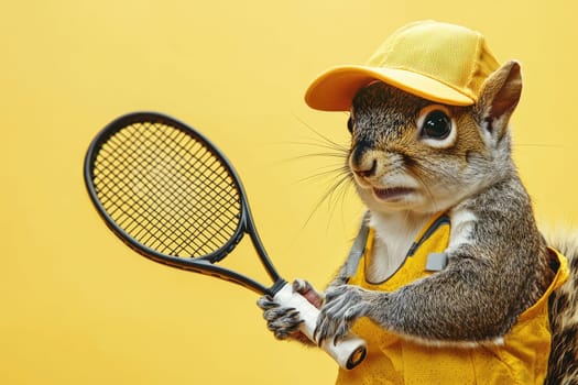 A charming and playful squirrel dressed in vibrant tennis gear holds a racket, ready for a fun match against a bright yellow background, showcasing a whimsical and joyful scene.