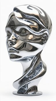 Chrome bust sculpture of a woman's head, reflecting modern art concepts