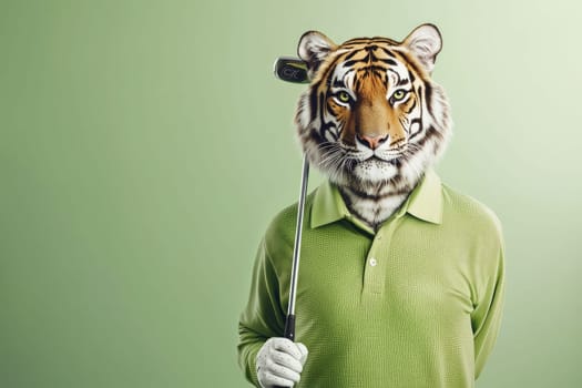 This imaginative image features a tiger with a golf club, blending the essence of nature and sports in a playful and vibrant manner, perfect for creative concepts and humor.