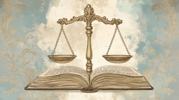 Vintage-style legal illustration an ornate scale and open book set against a textured backdrop. perfect for projects requiring historical or legal visuals, invoking themes of justice, balance, and tradition.