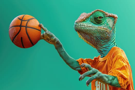 This stunning photorealistic portrait features a chameleon engaging in basketball, showcasing a vibrant color palette and playful scene full of energy and creativity.