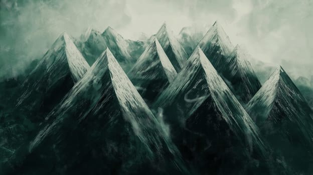 Abstract artwork showcasing imposing triangular peaks in a layered mountain landscape with a monochromatic color palette. the sharp lines and serene hues evoke a sense of majesty and tranquility, ideal for contemporary spaces.
