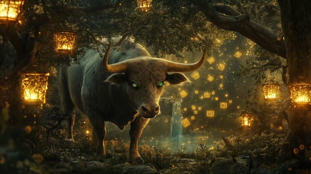 A mystical bull with glowing eyes stands in an enchanted grove, surrounded by softly lit golden lanterns. sparkling lights float around, creating a magical atmosphere in the lush forest setting, perfect for fantasy-themed projects.