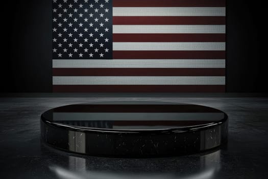 A sleek black round platform sits against a vintage American flag backdrop, creating a dramatic scene ideal for presentations, exhibitions, or themed ceremonies in a studio.