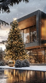 A modern house decorated with Christmas lights in a snowy winter scene, highlighting the seasons serene beauty