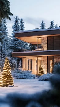A modern house decorated with Christmas lights in a snowy winter scene, highlighting the seasons serene beauty