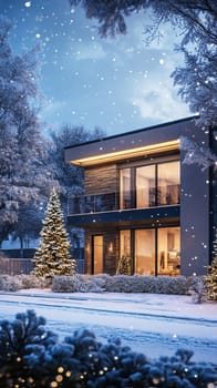 A modern house decorated with Christmas lights in a snowy winter scene, highlighting the seasons serene beauty