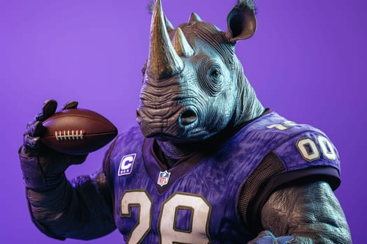 This visually striking image features a dynamic rhinoceros character dressed in sporty gear, confidently holding a football with a captivating purple backdrop.