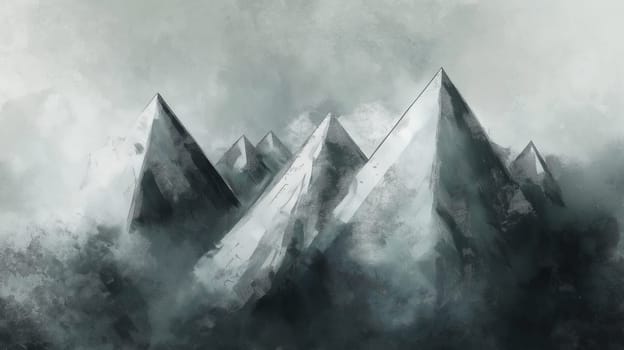 A striking abstract painting depicting a mountain landscape with sharp, triangular peaks. the monochromatic palette adds a dramatic and contemporary feel, ideal for modern art enthusiasts and design projects.