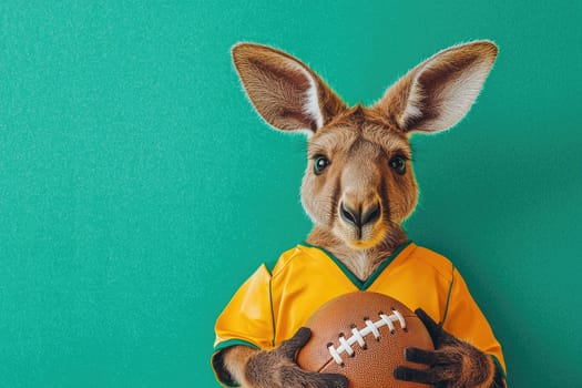This charming kangaroo, dressed in a vibrant football uniform, holds a ball with a playful expression, making it perfect for sports-themed projects and whimsical content.