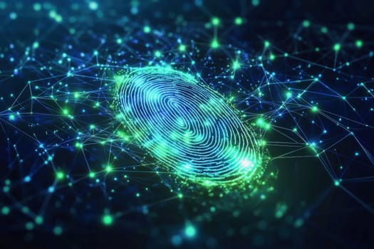 Fingerprint glowing and connecting with network, representing biometric security and data protection