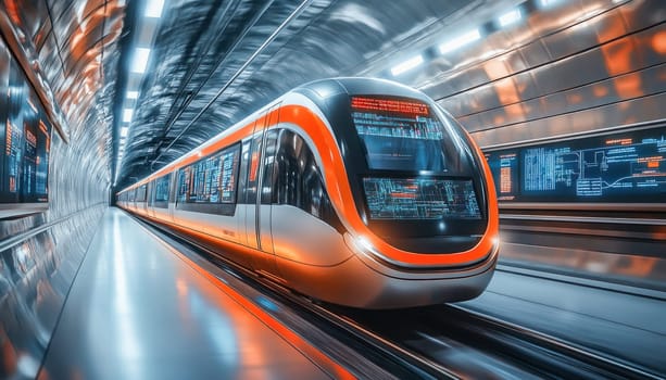 Modern, high speed subway train traveling in tunnel, showcasing advanced technology and futuristic design