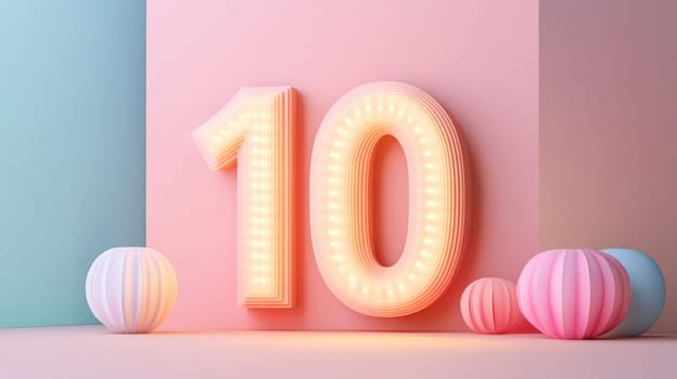 Luminous number ten sign glowing in a pastel pink room with decorative paper spheres, creating a celebratory atmosphere