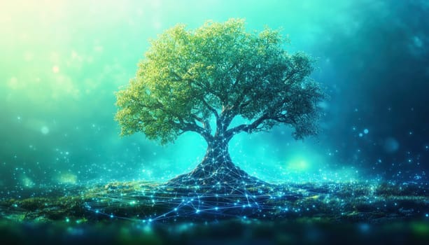 Lush green tree with glowing roots and branches representing the interconnectedness of nature and technology