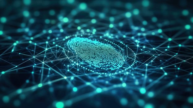 Fingerprint being scanned on futuristic digital network, ensuring strong data protection and access control