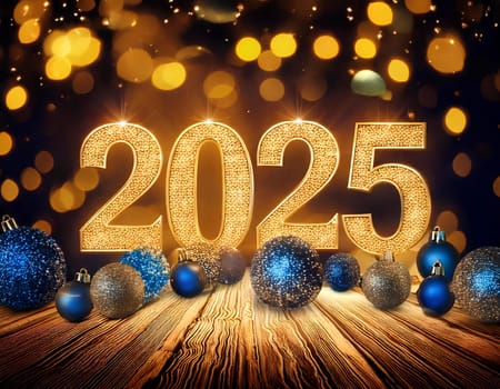 Happy New Year 2025. Symbol from number 2025 on wooden background, Christmas light decorations