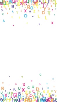 Flying latin letters. Colorful childish scattered charachters of English alphabet. Foreign languages study concept. Back to school banner .
