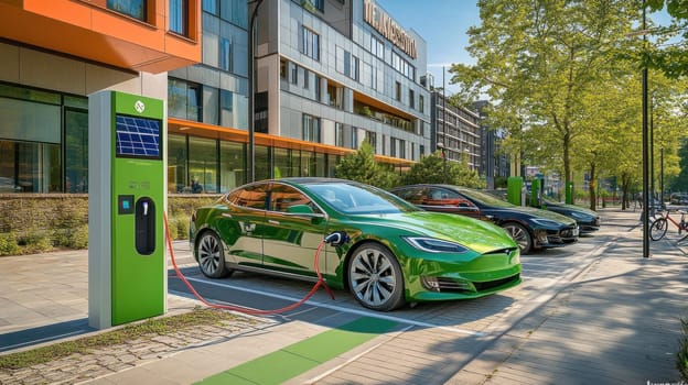 Green electric vehicles charging batteries at a station with solar panels in a modern city environment