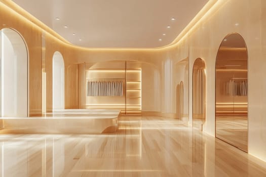 Empty fashion boutique interior with wooden floor, illuminated shelves and clothes rail