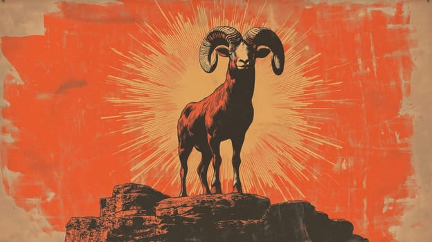 Vintage-style poster depicting a stylized ram with prominent horns, set against a dynamic, radiant background. perfect for adding a bold, artistic touch to interior decor with a retro flair.