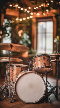 Drum set bathed in warm light awaits the drummer in a cozy, inviting room, ready for a performance