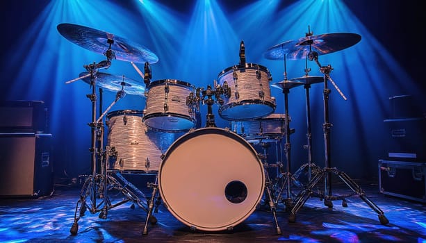 Drum set is ready for the drummer to start playing under blue stage lights
