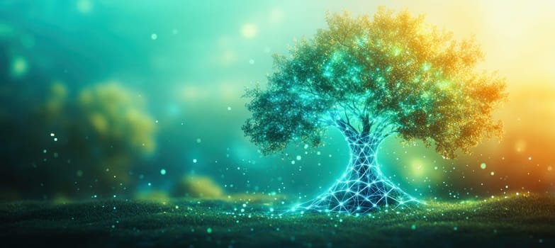 Luminous tree with interconnected network visualizing the harmony between nature and digital world