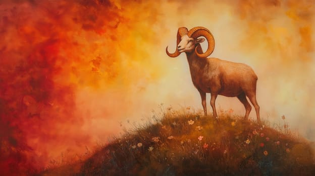 Watercolor painting of a potent ram atop a hill, surrounded by a vivid landscape with flourishing flowers. the artwork blends rich hues, the rams strength against a fiery backdrop, conveying power and tranquility.