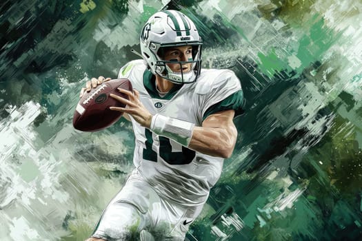 This surreal artwork features a quarterback in motion, mid-throw, showcasing powerful athleticism in a vibrant and dynamic football scene. Perfect for sports enthusiasts.