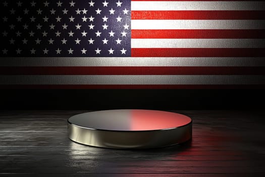 A polished circular podium centered in front of a large American flag, softly illuminated to create a dramatic setting ideal for presentations and events emphasizing patriotism and unity.