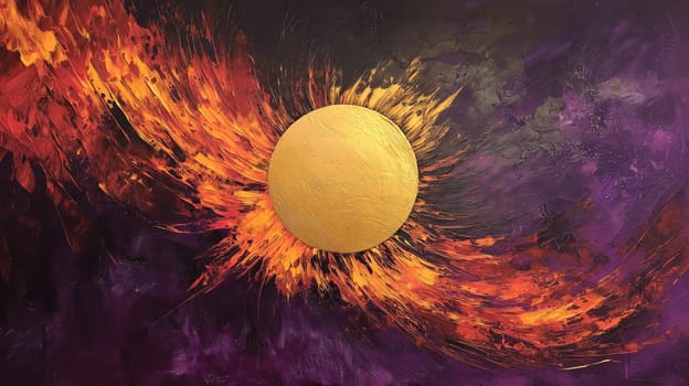 A striking abstract artwork featuring a radiant gold circle at the center, surrounded by dynamic and fiery brushstrokes. the bold use of purple and orange hues creates a sense of energy and movement, perfect for contemporary spaces.