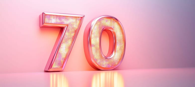 Number 70 made of light bulbs illuminating pink wall in empty room
