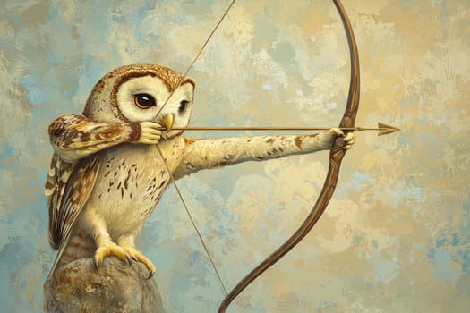 This striking artwork features a stylish owl skillfully holding a bow and arrow, embodying a unique blend of wildlife and archery in a captivating artistic style.